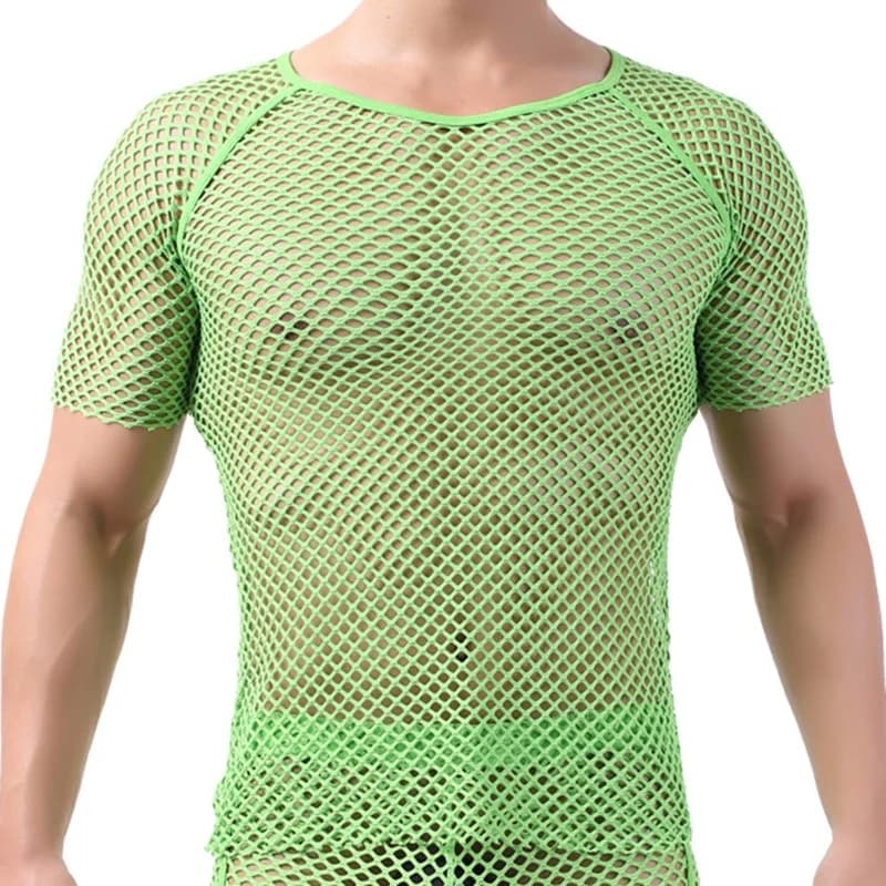 Camicia trasparente in rete a maniche corte da uomo T-shirt trasparente per costume da discoteca con rete per pesci