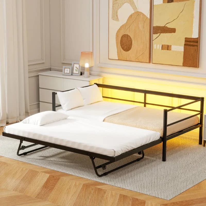 Foldable sofa bed with metal frame, convertible bed with pillows, space saving bed for guests, living room, bedroom, home furniture
