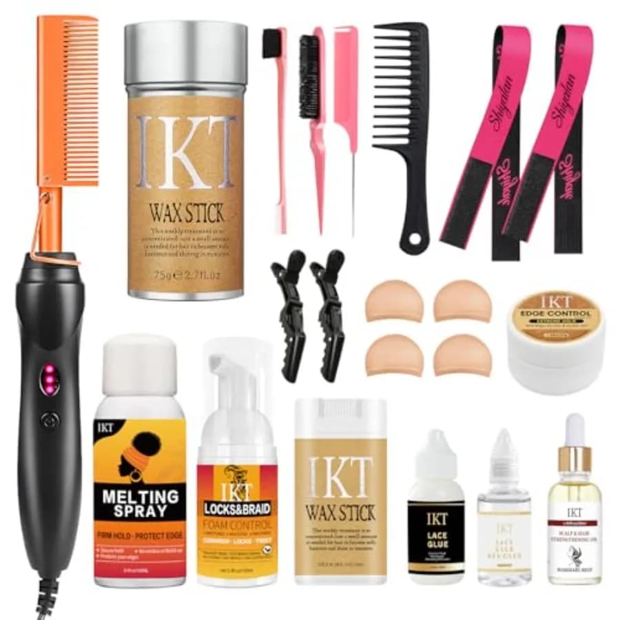 Set Pettine Elettrico, Piastra Lisciante Elettrica per Capelli Afro con Cera per Parrucche, Fascia in Pizzo, Pettine a Coda di Topo e Accessori da Salone