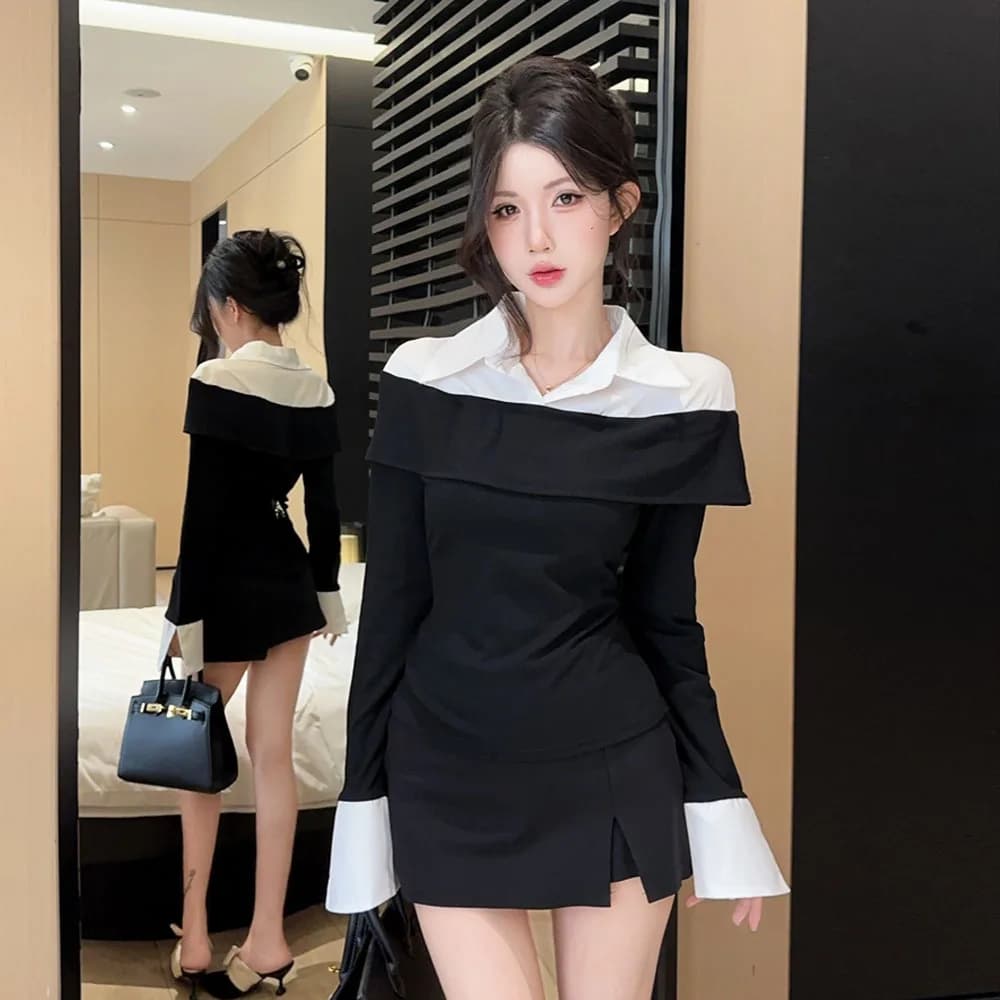 Slim Fit Fake Two Piece Set T Shirt Top Women's Cross Border Splicing Wood Grain Ruffle Retro Style Straight Tube Polyester S...