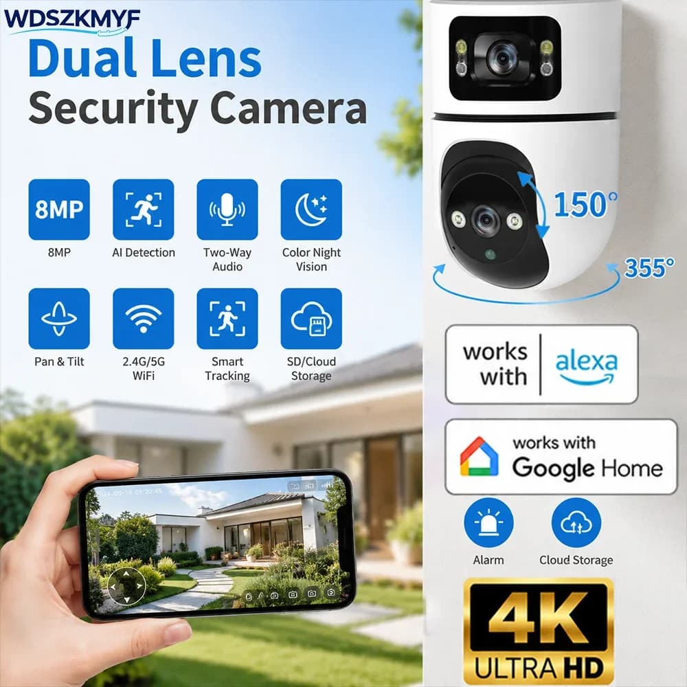 8MP 4K Dual Lens Wireless PTZ WiFi Security Camera IP66 Waterproof Full Color Night Vision Cloud Storage CCTV Surveillance Cam