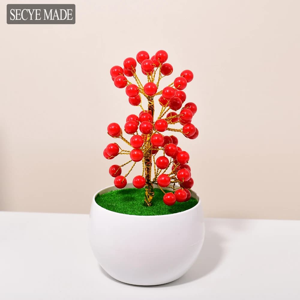 Denaro rosso frutta luce lusso in rilievo scrivania piccola pianta in vaso fiore artificiale decorazione auto pezzo L09