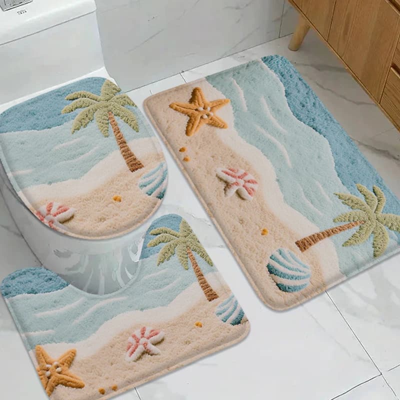 Coconut Tree Printed Floor Mat Set, Bathroom Anti Slip Mat Shower Small Carpet Toilet Seat Cushion Door Mat Soft and Comfortable