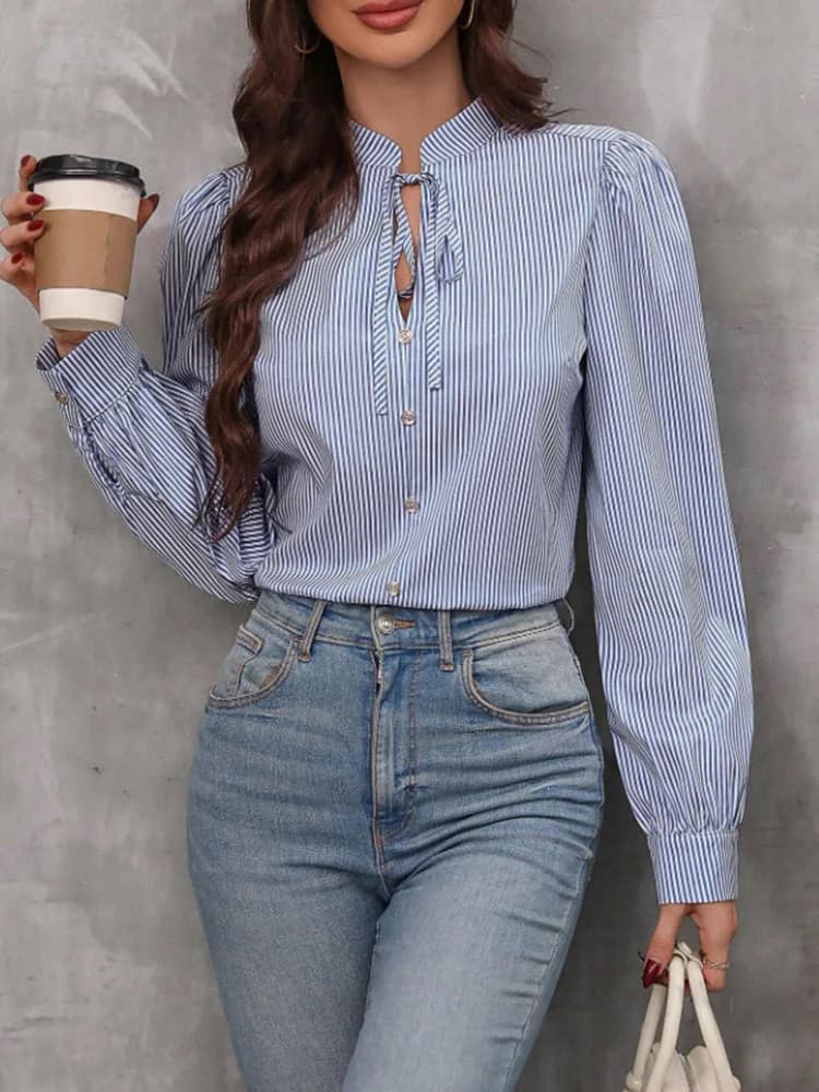 Camicia da donna a maniche lunghe con scollo a V e bottoni, camicia a righe tinta unita, abiti da lavoro da donna da ufficio