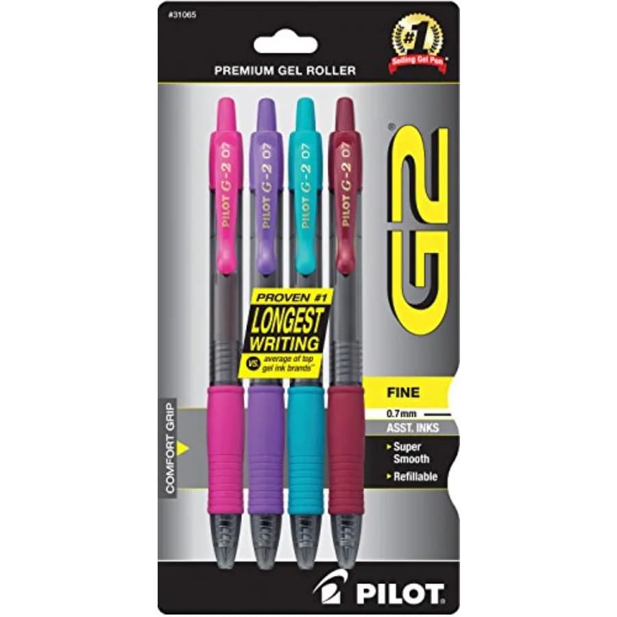 G2 Premium Refillable and Retractable Rolling Ball Gel Pens, Fine Point, Purple/Pink/Turquoise/Burgundy Inks, 4-Pack 31065