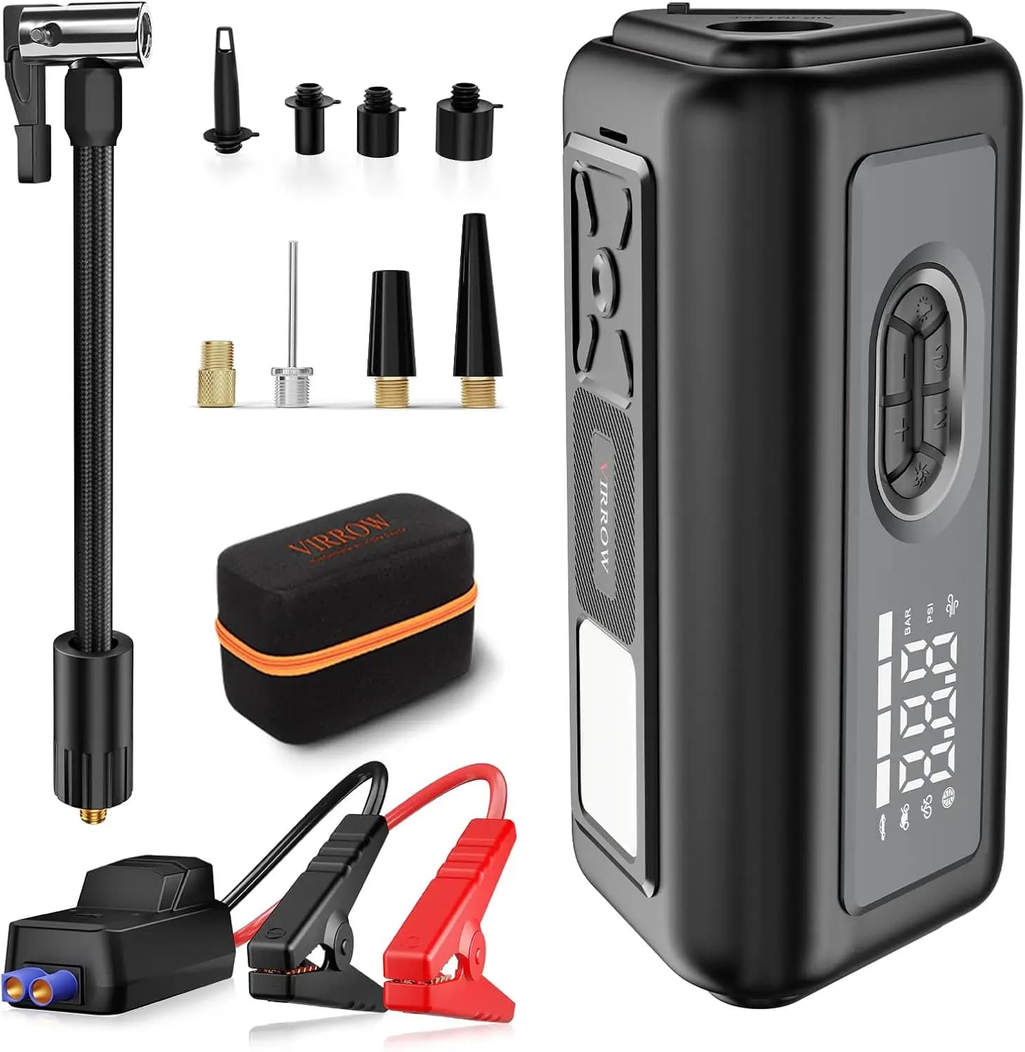 Gonfiatore portatile per pneumatici con spolverino e avviamento di emergenza, 150 PSI, 130000 giri/min, 1000 A per auto, bici, esterno