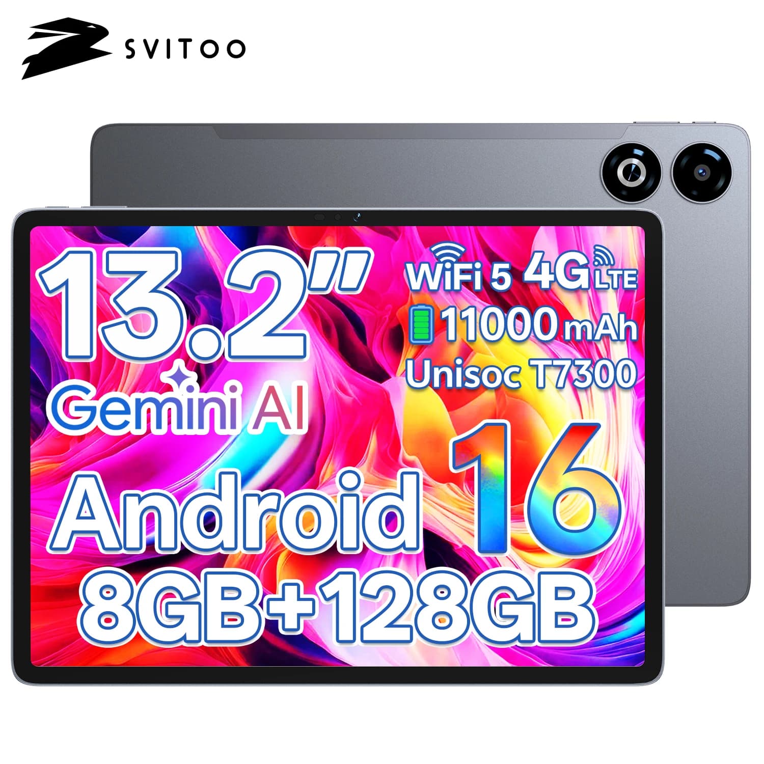 Tablet Android 16 SVITOO 2026, Display 2K da 13 Pollici, Unisoc T7300, 8GB RAM, 128GB ROM, 11000mAh, 4G LTE, WiFi 5, BT 5.0, Ricarica Rapida 20W