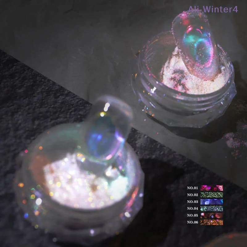 Glitter per Unghie Aurora Ice Trasparente, Polvere Pigmentata Effetto Specchio Arcobaleno, Decorazione per Nail Art