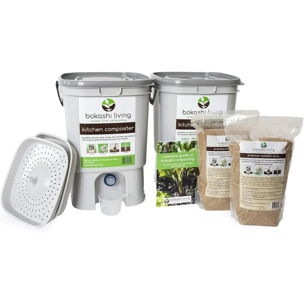 Kit di compostaggio Bokashi: 2 contenitori, 2 kg di crusca Bokashi, istruzioni complete