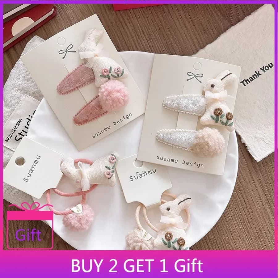 Autunno Inverno Dolce Ricamo 3D Simpatico Coniglio Velluto per bambini BB Clip Forcine laterali Ragazze Sakura Rosa Soffici Pom Pom Cravatte per capelli