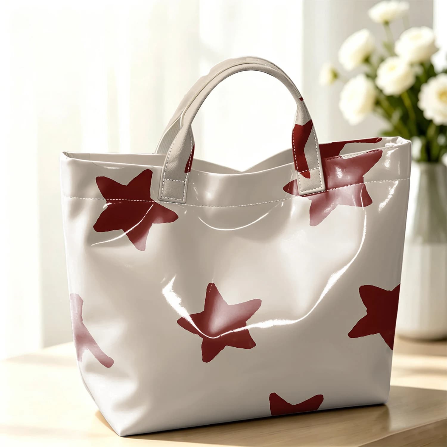 Burgundy Star Fashion Large Glossy PVC Tote Bag Hand Washable Waterproof Perfect Travel Commute Cosmetic Storage Shopper