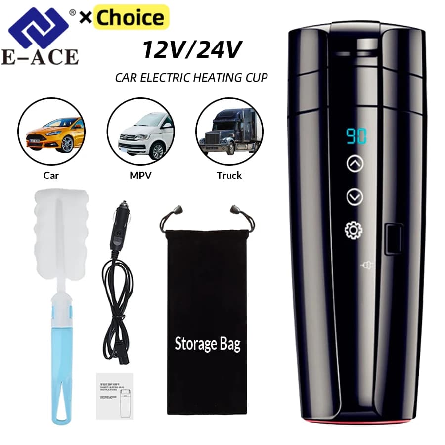 12V 24V Car Heating Cup Electric Kettle Stainless Steel Smart Temperature Control Touch LCD Display Travel Coffee Mug Warmer