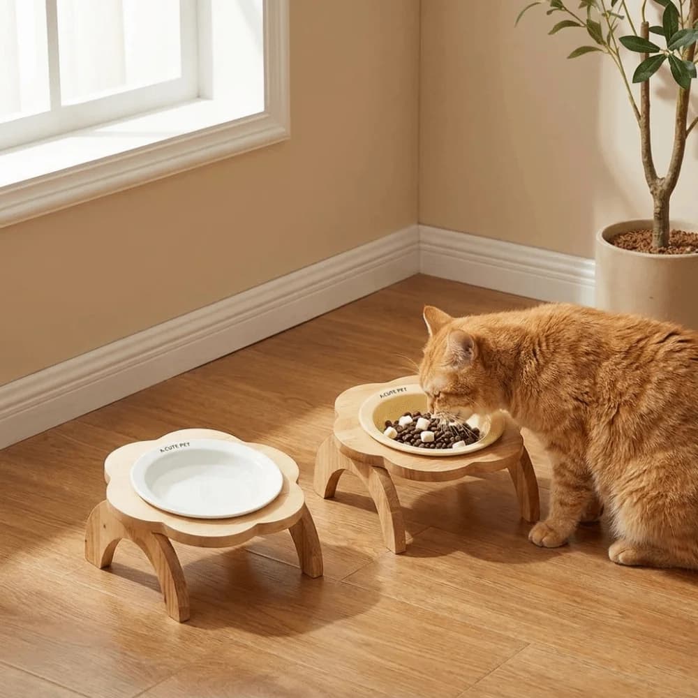 Ceramic Flower Shaped Pet Bowl Non-Slip Anti-Spill Raised Cat Food Bowl with Wooden Stand Detachable Cat Drinking Plates