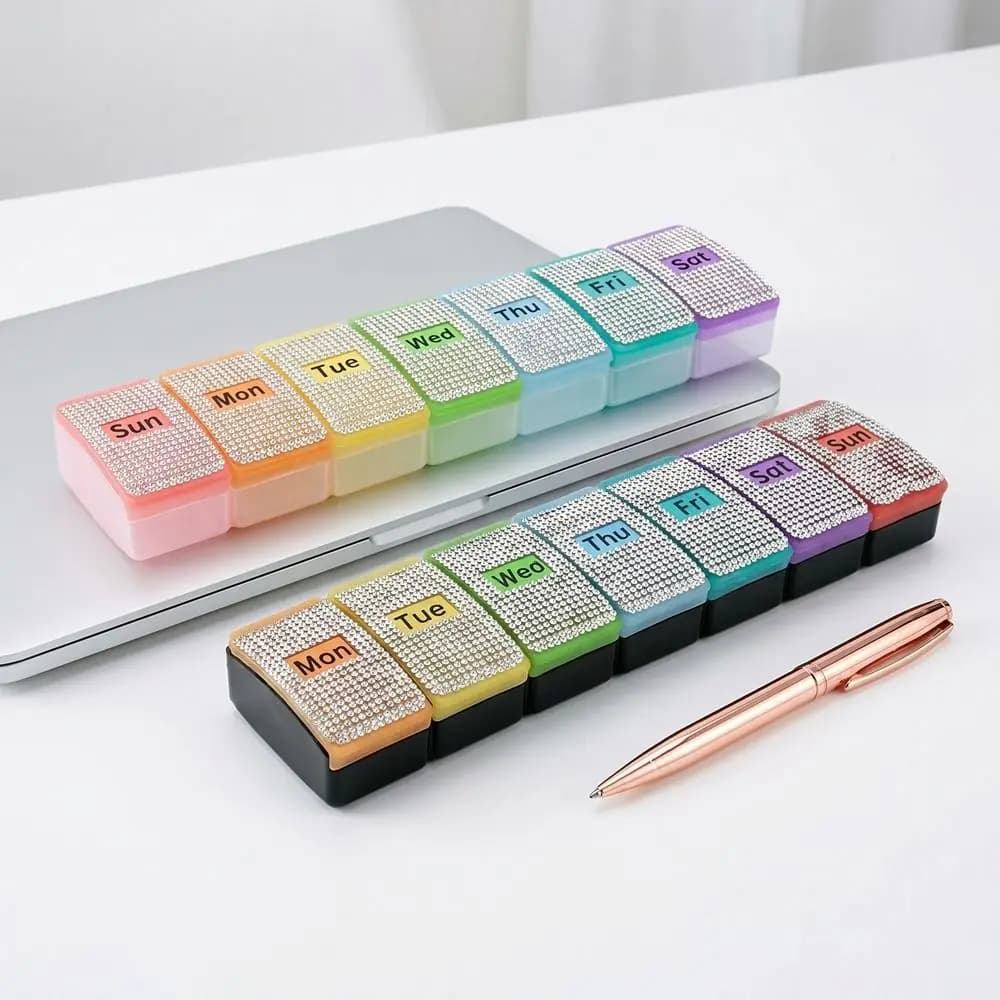 7 Grids Colorful Rhinestone Pill Box Sealed Plastic 7 Day Pill Case Moisture-proof Waterproof Vitamin Storage Container Office