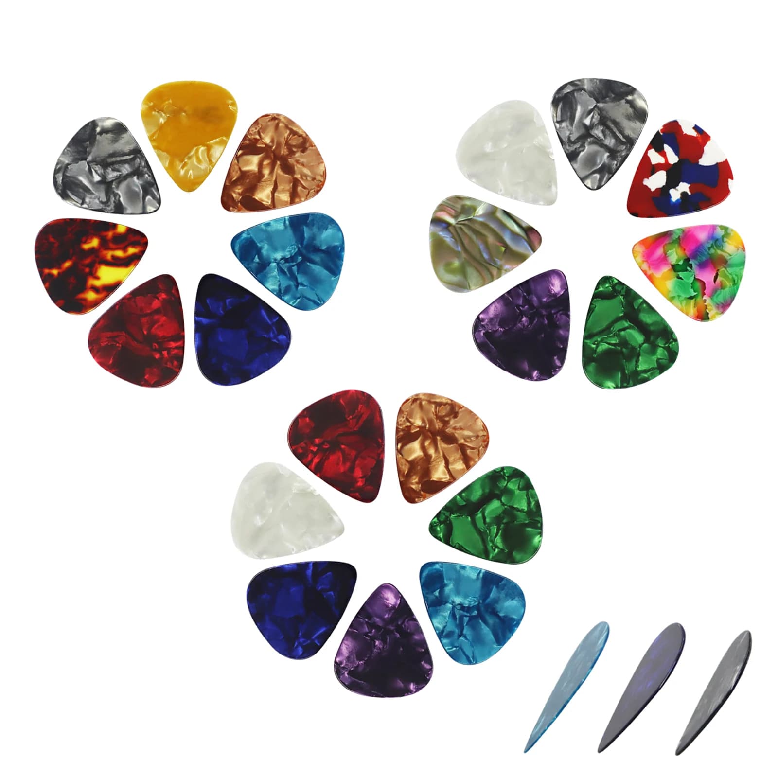Phrilam Confezione da 24 plettri per chitarra per chitarre acustiche elettriche, bassi, sottili, medi e pesanti, 3 spessore diversi, celluloide colorato