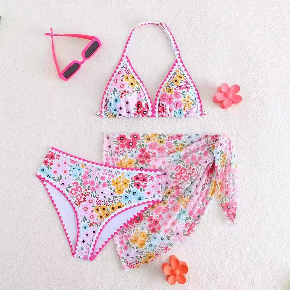 Costume da bagno a triangolo floreale a vita alta con laccetto al collo per bambine 2026 - Set 3 pezzi per bambine e ragazze 13-16 anni
