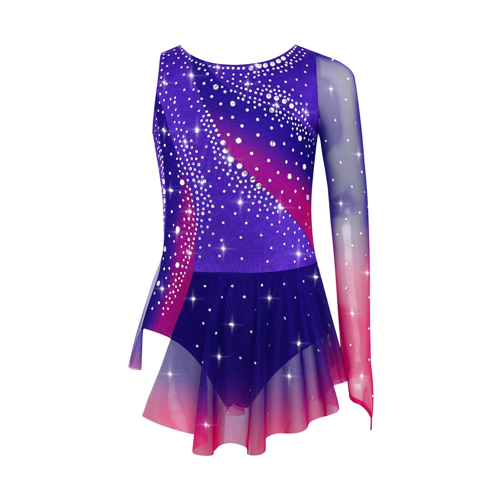 Bambini Ragazze Pattinaggio di Figura Ginnastica Ritmica Body Acrobazia Costume Girocollo Asimmetrico Split Lucido Strass Vestito