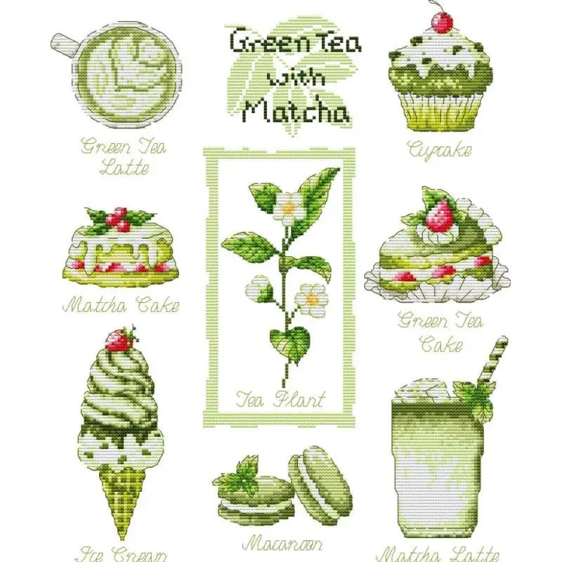 Green Tea Cake Cross Stitch Kits Aida 14ct 16ct 11ct Canvas Printed Fabric Cotton Thread Embroidery Set DIY Handmade Needlework