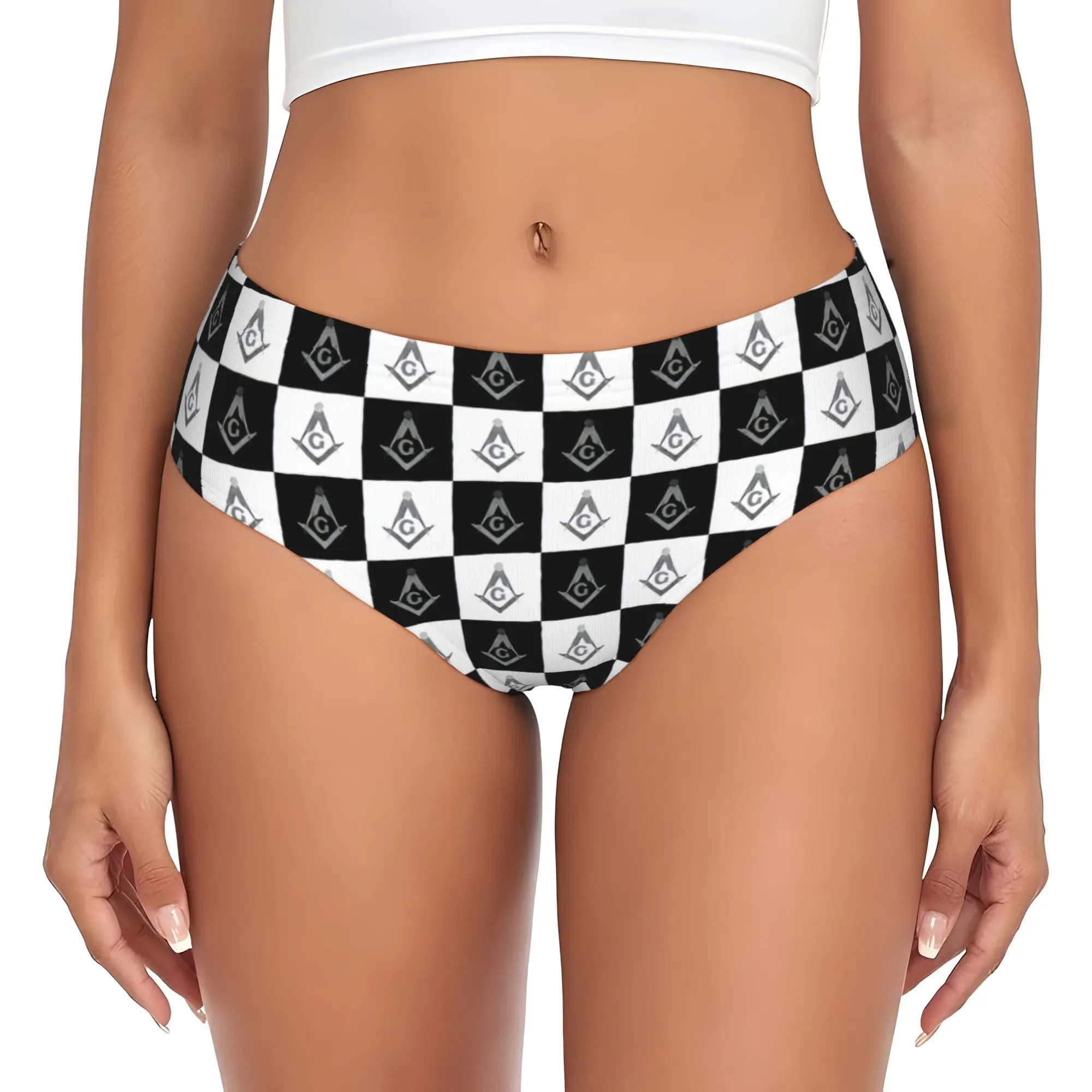 Freemason Checkered Pattern Brief Panties for Women Comfort Stretch Mason Masonic Underwear