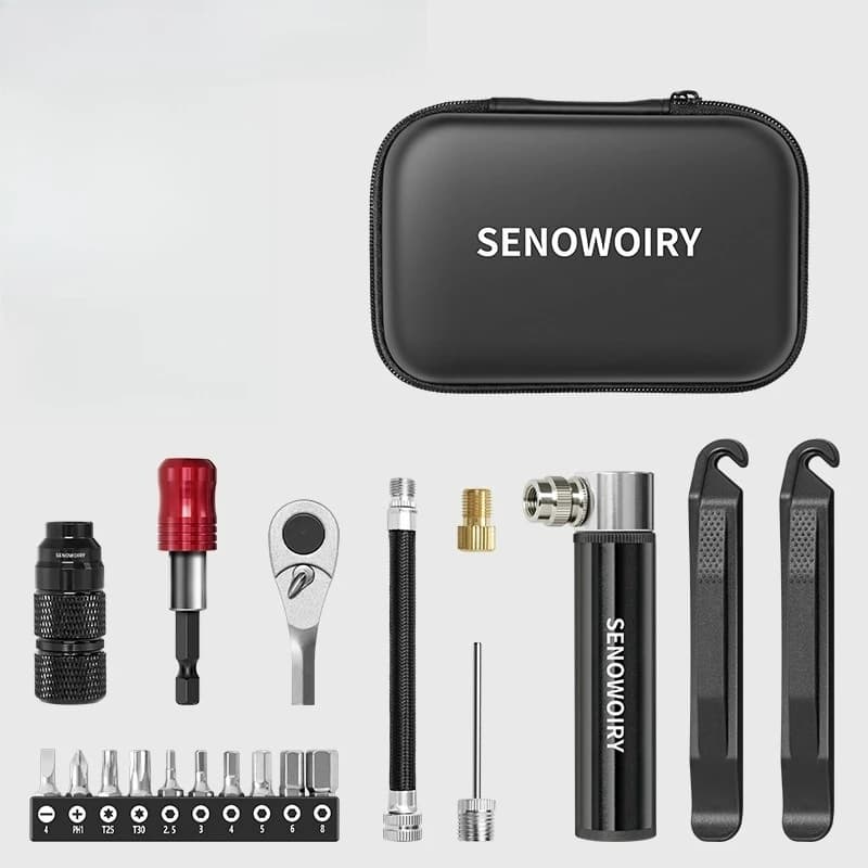 Kit di Riparazione Biciclette con Chiave a Cricchetto Multifunzionale, Leggero e Portatile, Pompa d'Aria, Accessori per Bici