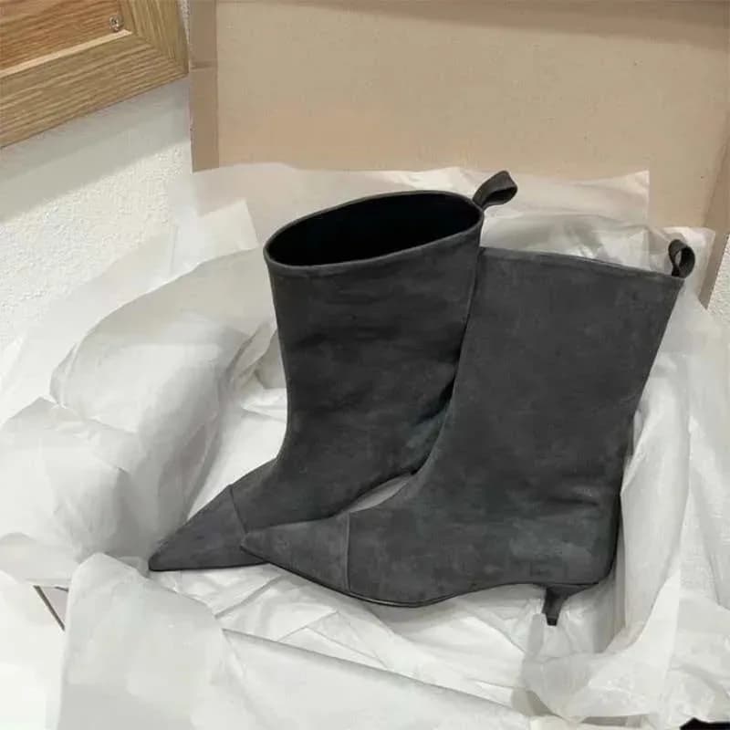 Women's Charcoal Suede Ankle Boots Pointed Toe Stiletto Heel Sleek Minimalist Design for Elegant Casual Evening Autumn Looks