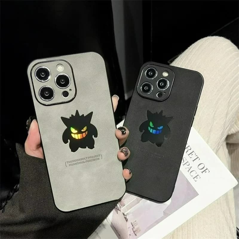 Cartoon Anime Gengar Leather Texture Laser Phone Case For iPhone 17Air 15 14 13 12 11 16 Pro Max XS XR X 8 Plus Shock Cover