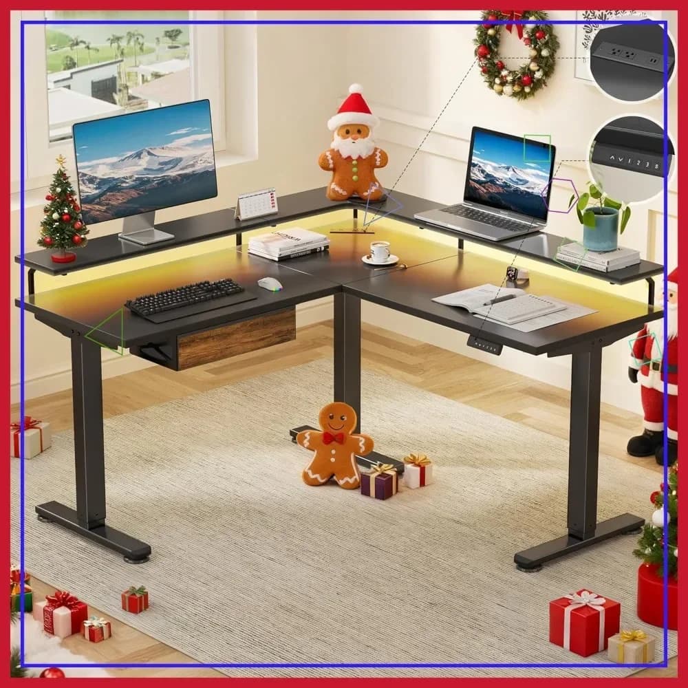 Adjustable L-Electric Desk with LED Lights, Monitor and Current Grip, Gaming Table