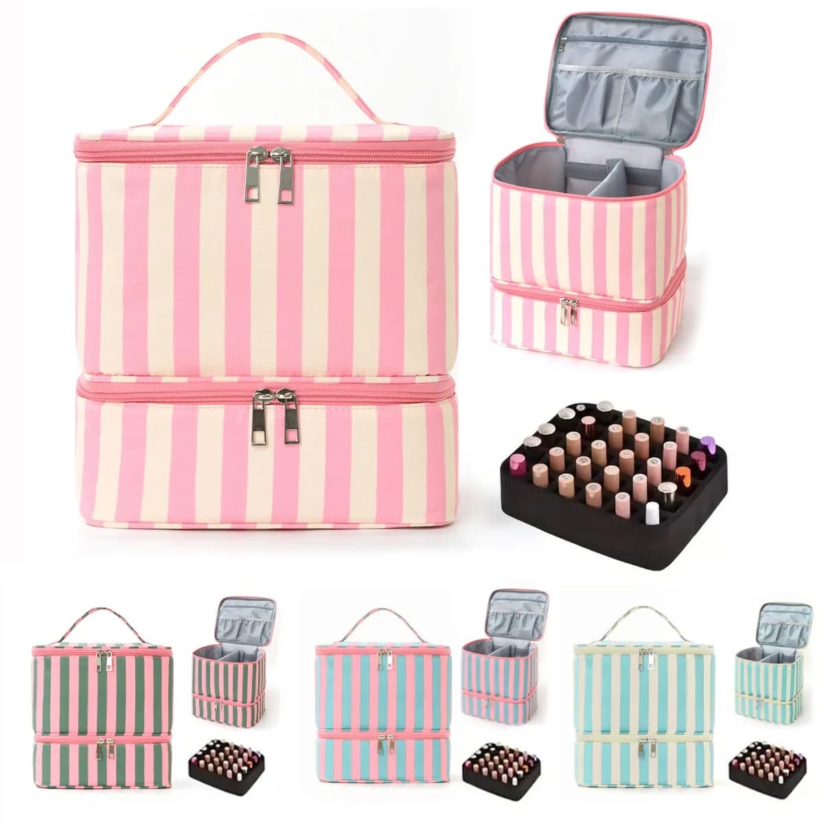 Borsa portaoggetti a doppio strato a righe, borsa per cosmetici e smalti di alta qualità, borsa portaoggetti portatile alla moda di grande capacità.
