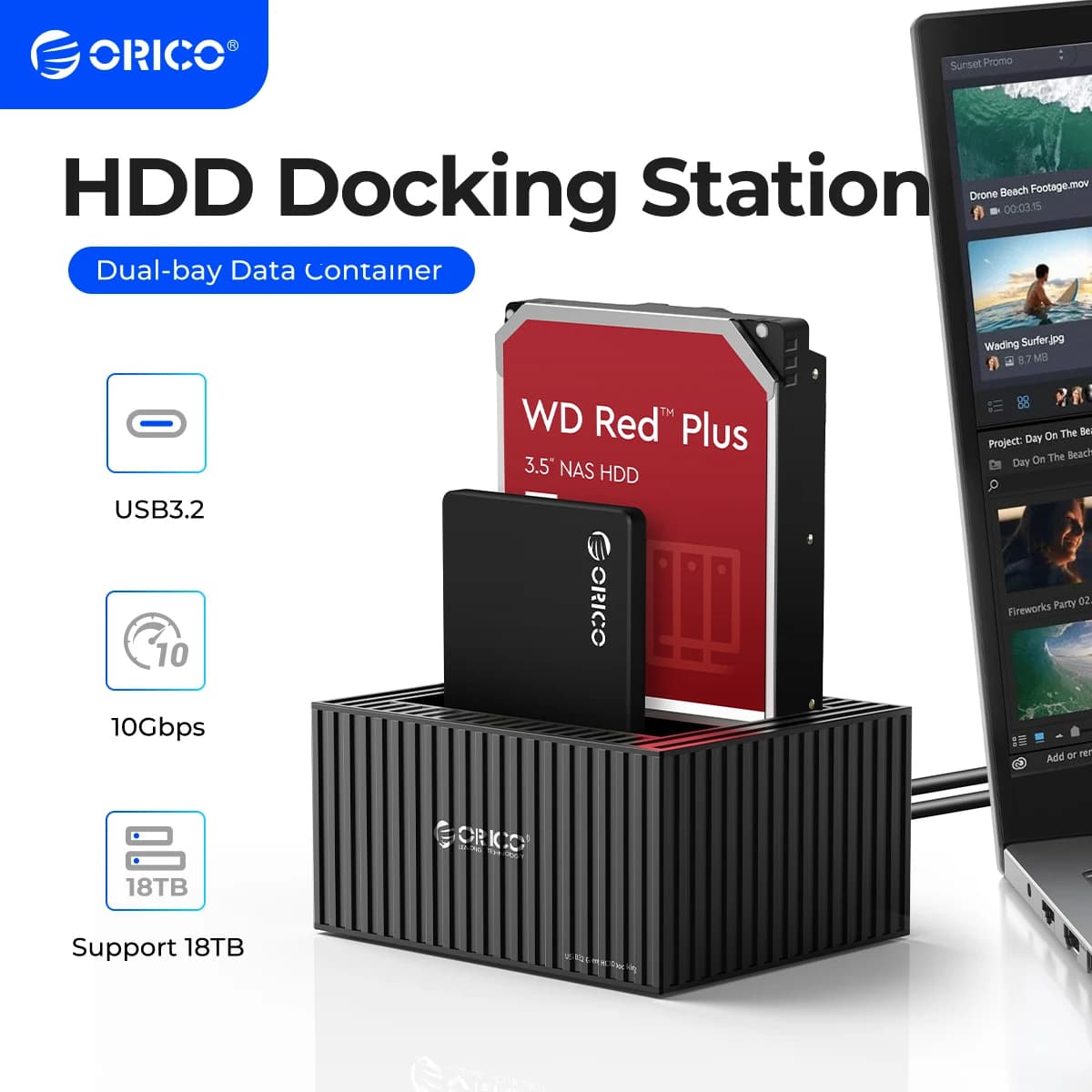 Docking Station per disco rigido da 3.5 pollici Dual-bay Type-C da 5Gbps per HDD/SSD da 2.5/3.5 "con Design del contenitore UASP di alimentazione 12 v3a