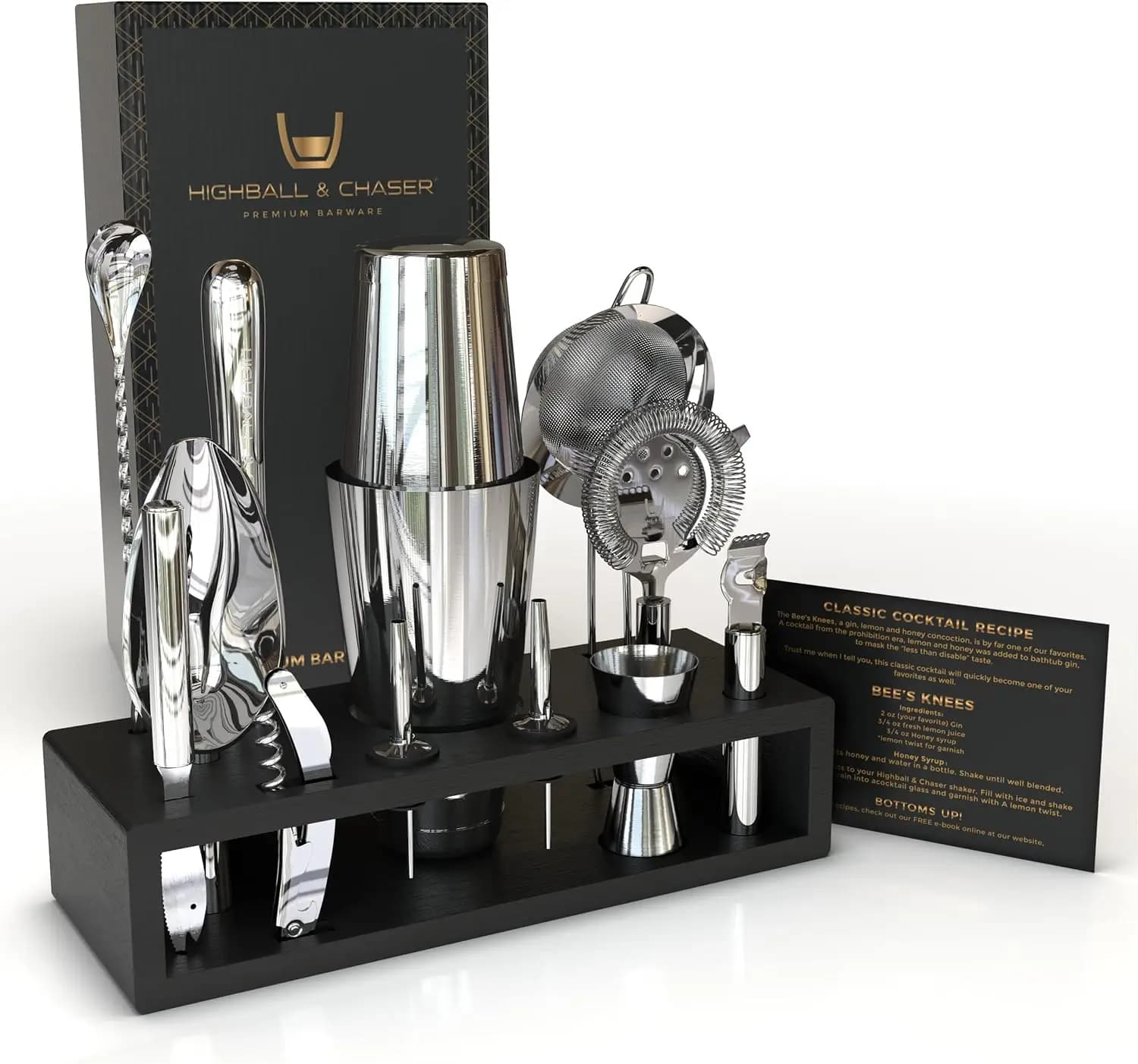 Set da Cocktail Boston 13 Pezzi in Acciaio Inox, Kit da Barman con Supporto per Bar Domestico, Utensili Incisi al Laser e 30