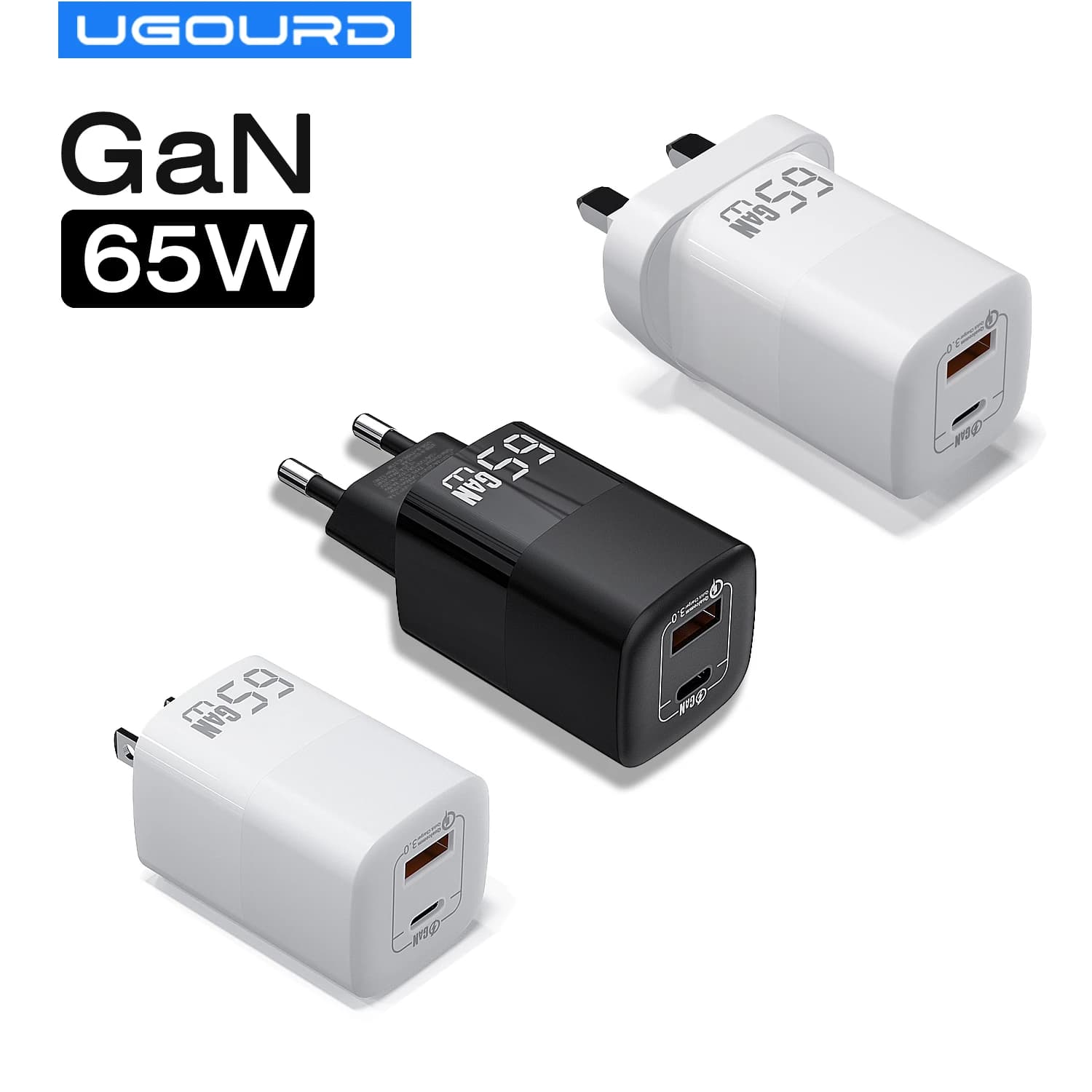 UGOURD PD 65W GaN adattatore di alimentazione per caricabatterie rapido con USB A e tipo C ricarica rapida spina UK EU US per iPad MacBook Air Laptop iPhone