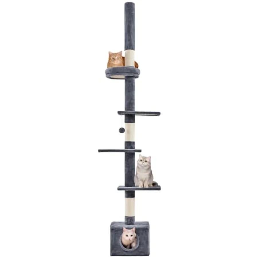 Albero per Gatti da Terra a Soffitto per Gatti Grandi, Altezza Regolabile 89-104.5 pollici, Torre da Arrampicata Alta con Tiragraffi, Cuccia e Postazione di Riposo
