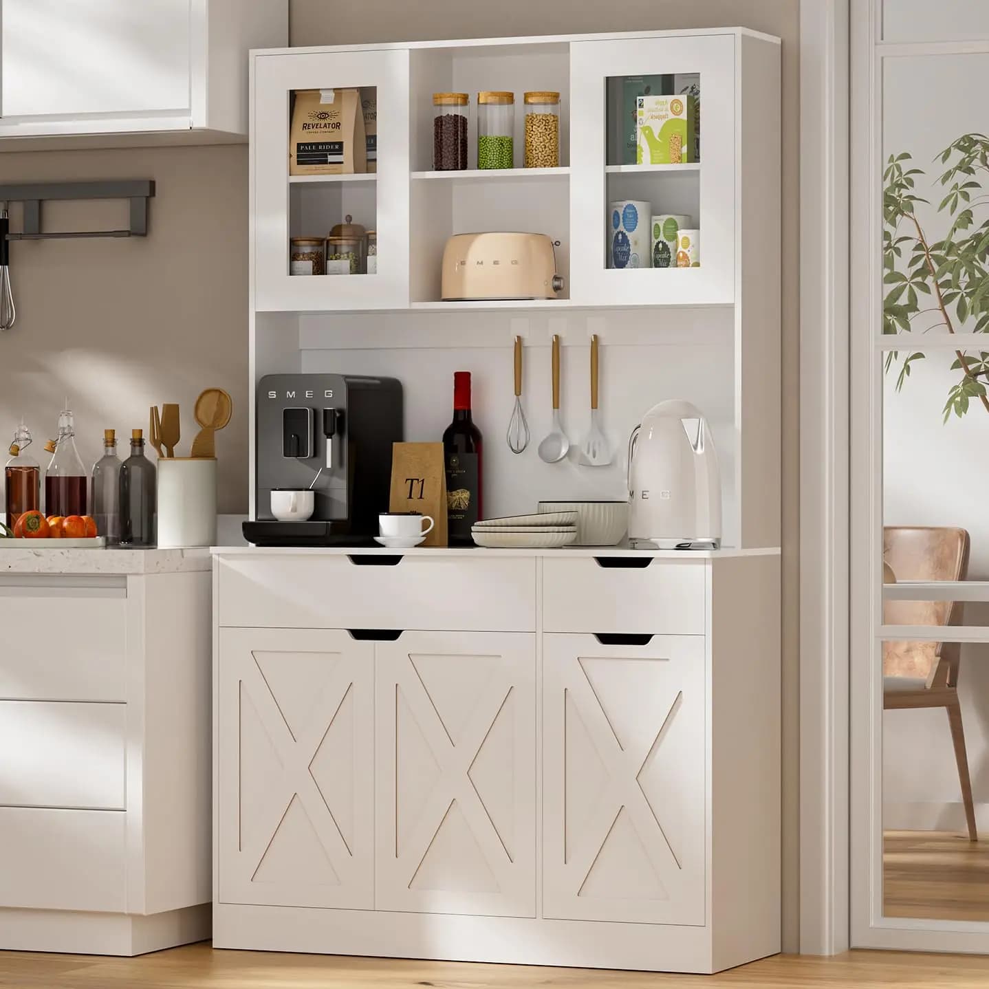 Mobile dispensa alto 71 pollici con credenza, supporto per microonde, stazione di ricarica, ripiani regolabili per sala da pranzo e soggiorno, personalizzabile