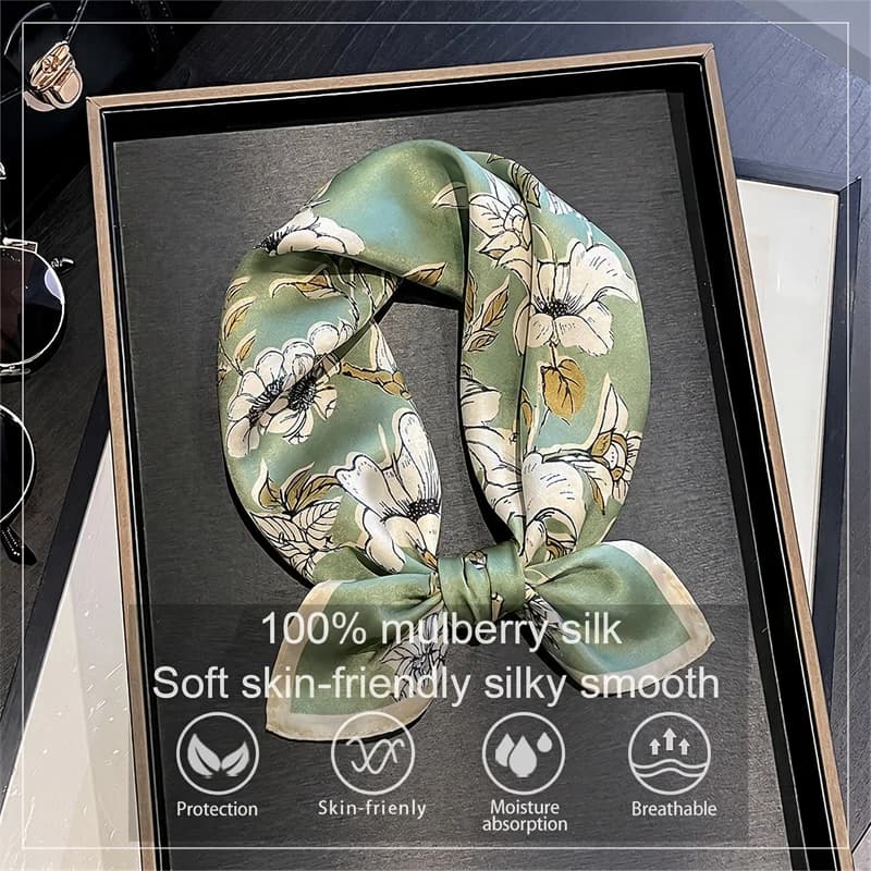 100% Mulberry Silk Scarf Fresh Floral Print Bandana and Neck Scarves Stylish Bag Accessory Head Wrap Gift for Women Daily Use