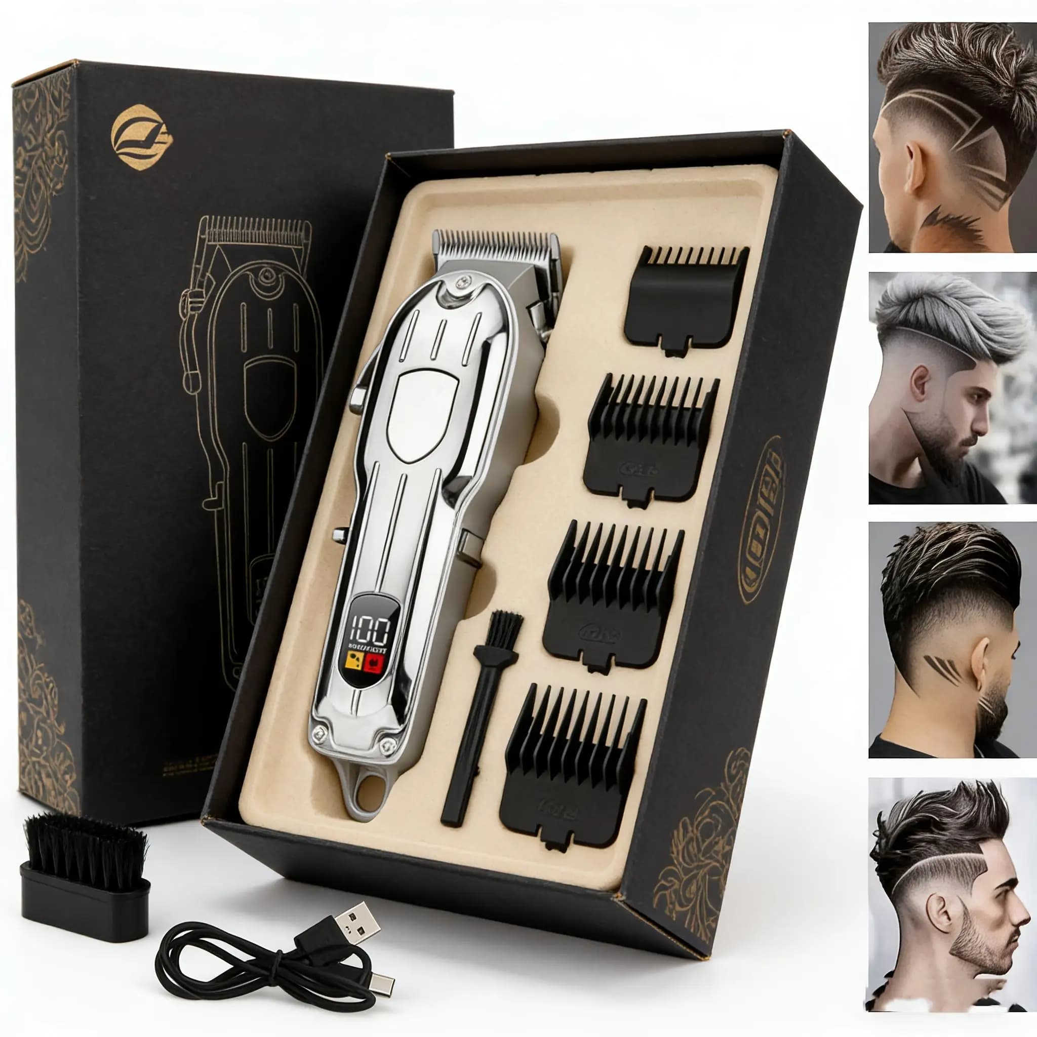 USB Rechargeable Hair Clipper Set — Cordless, Multifunctional Trimmer & Grooming Kit for Men. Professional-Grade Electric Clippers, Beard Trimmer, and Complete Barbering Kit — The Perfect Gift.