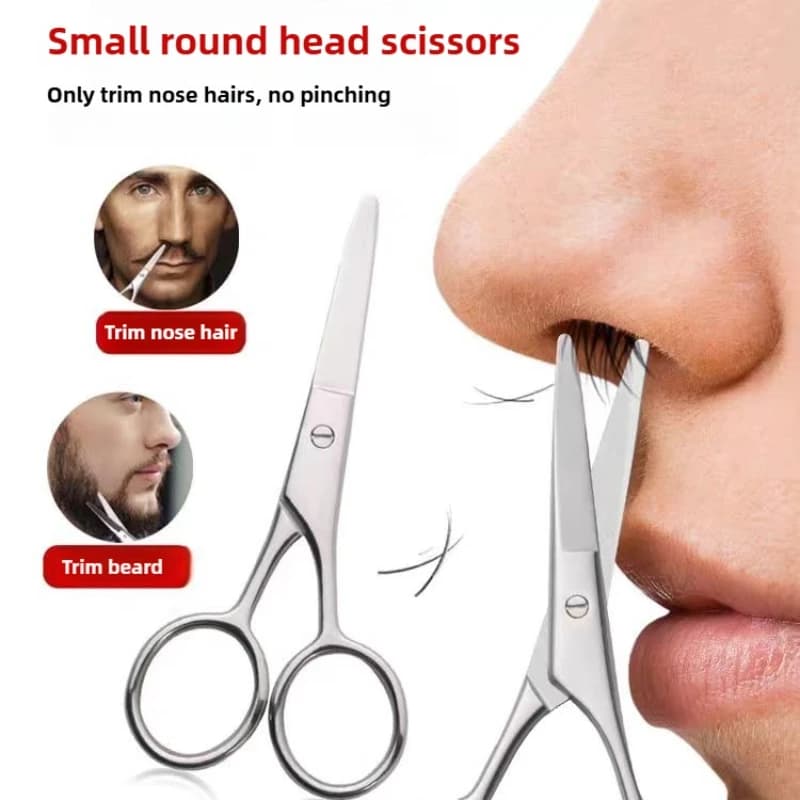 Round-tip and Pointed-tip Nose Hair Scissors, Stainless Steel Small Scissors, Beard and Mustache Trimmer, Men's Grooming Tool
