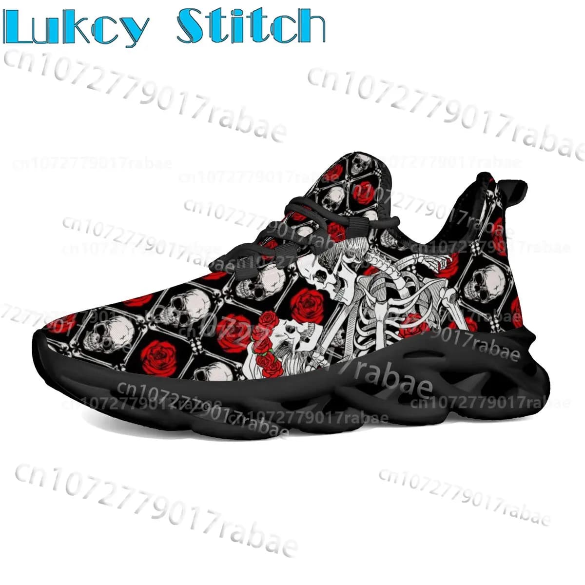 Black Lattice Grid Skull Rose All Over Print Sneakers for Men Women Hollow Wave Cushion Sole Lightweight Street Style Shoes