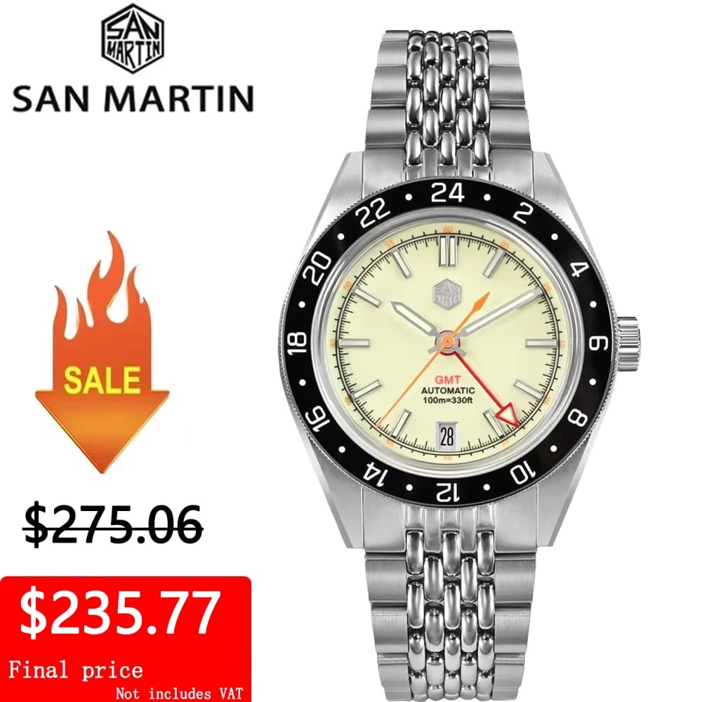 San Martin SN0116 Men's Underwater Watch 39,5 mm NH34 GMT Automatic mechanical sports watches Luminous sapphire 100 m waterproof wristwatch