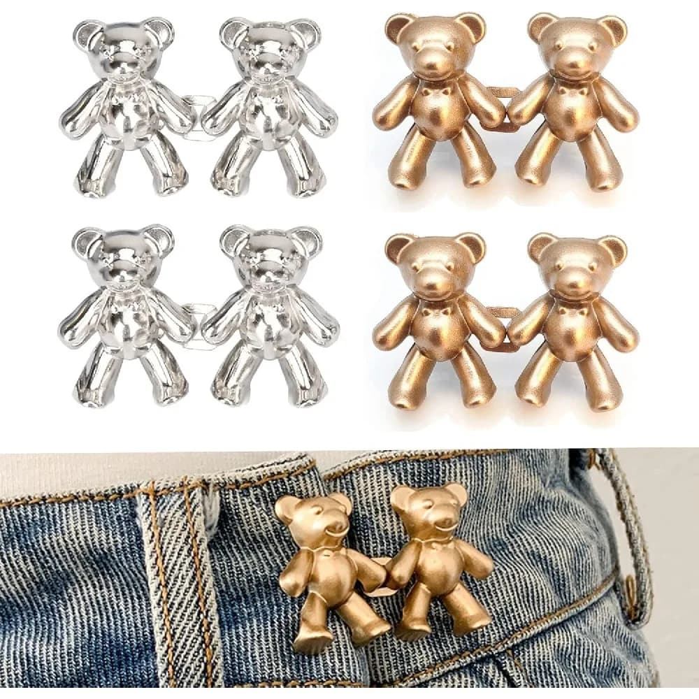 Cute Bear Jeans Waist Tightener Clips, Adjustable Pant Waist Reduction Buttons, Detachable Waist Cinch Pins for Women, 2 Pack (Gold & Silver)