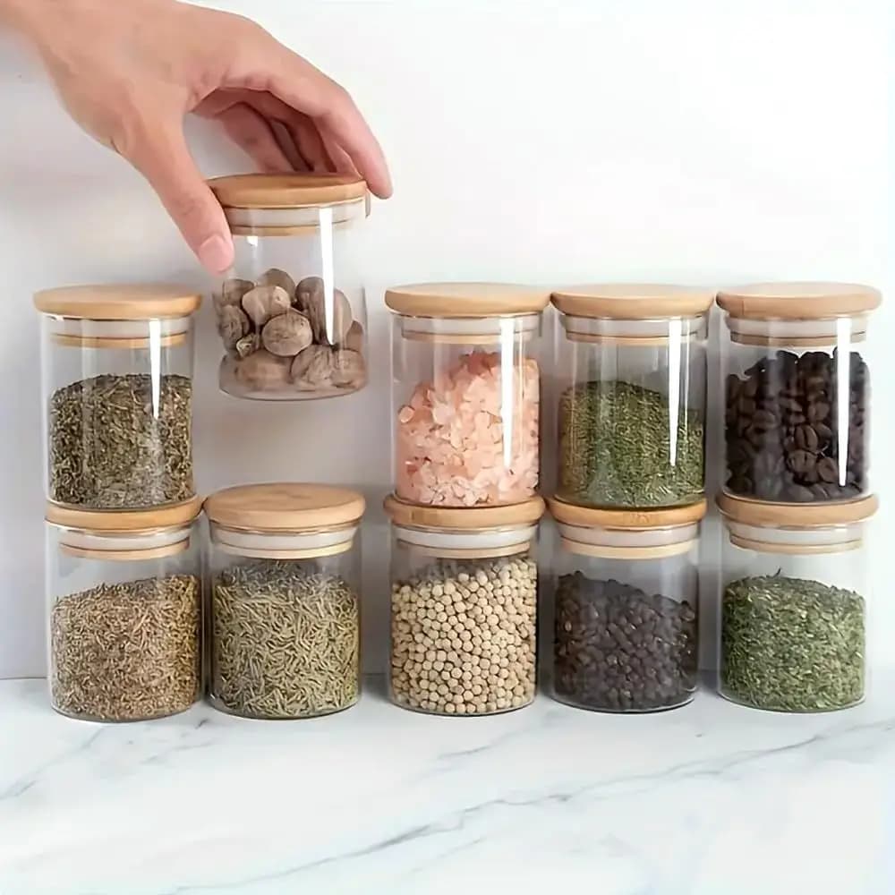 Set di 12 Contenitori in Vetro Ermetici per Cucina con Coperchi in Legno | Barattoli in Vetro da 220ml per Spezie e Conservazione