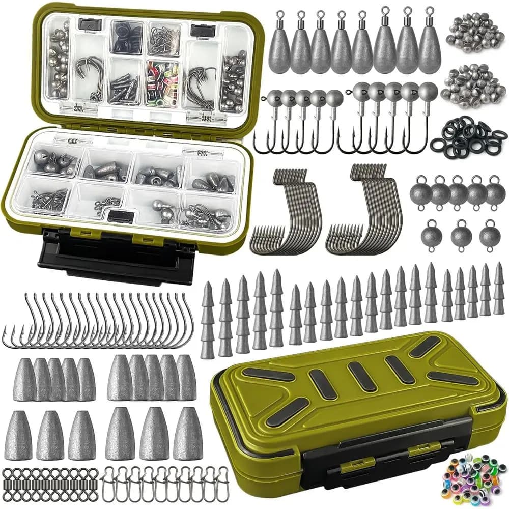 144 pieces full fishing kit: essential equipment box with hooks, bass and trout fishing weights, ideal gift for men and children