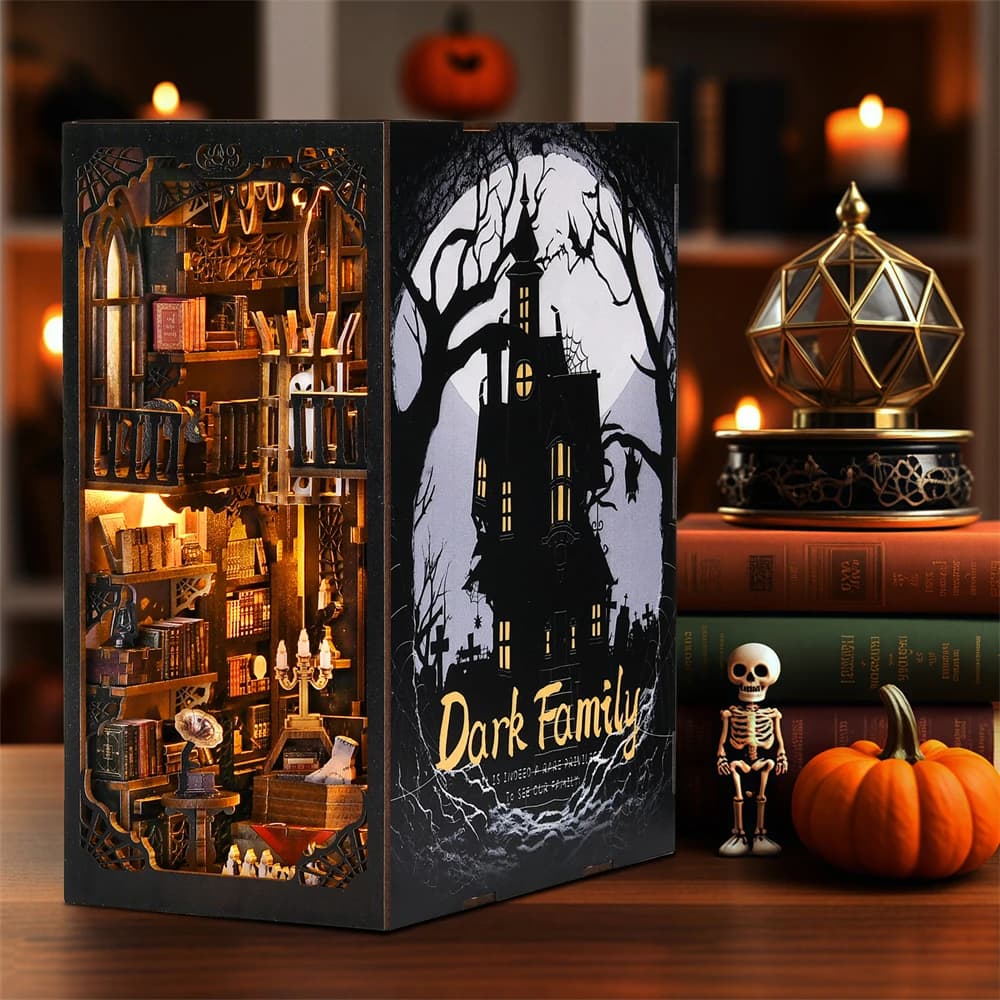 Kit angolo libro Famiglia scura Puzzle in legno fai-da-te Stile gotico Scaffale per Halloween Modello di casa delle bambole Fermalibri Costruzione Decorazione della casa