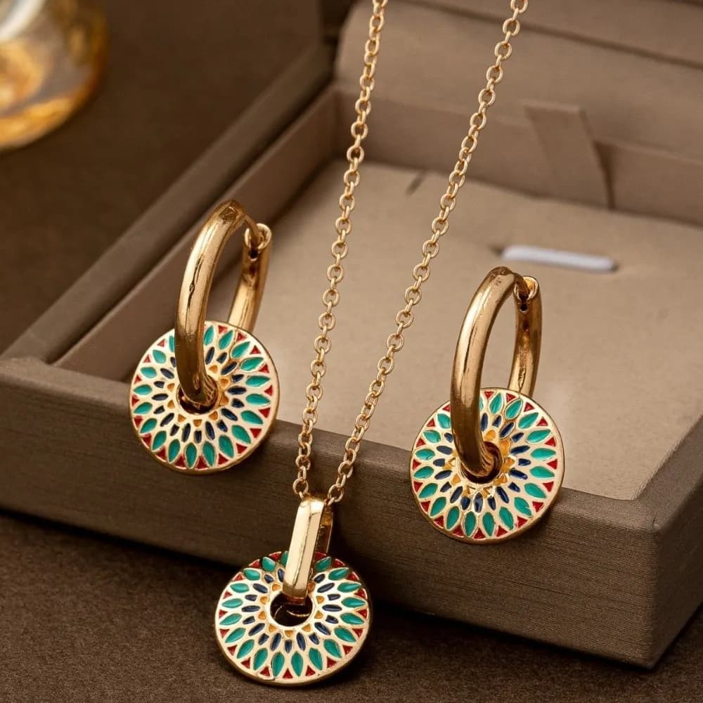 alloy Jewelry Set Painted Flower Pattern Colored Drip Design Pendant Necklace Set Non-Fading Geometric Shape Flower Earrings Set