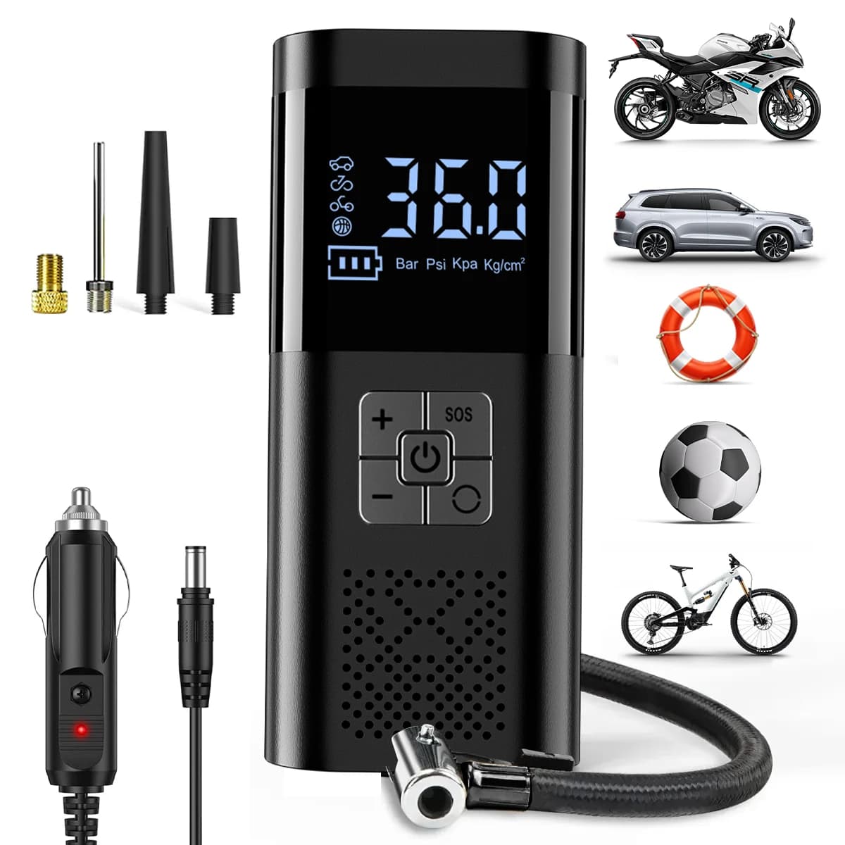 Pompa d'aria portatile con manometro, batteria per pompa per pneumatici 150PSI 12V DC, gonfiatore per pneumatici senza fili con LED per auto moto bicicletta