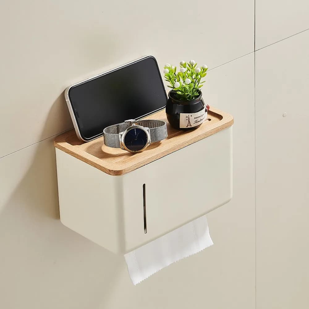 Porta carta igienica impermeabile senza punzonatura Design impermeabile con coperchio Scatola per fazzoletti in legno Materiale in legno montato a parete