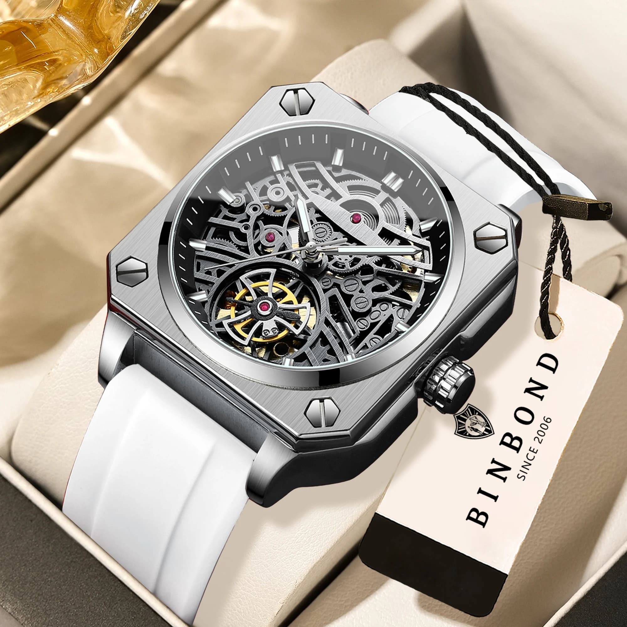 Orologi da polso meccanici BINBOND da uomo, di lusso, luminosi, impermeabili, automatici, precisi, con tourbillon, scheletrati.