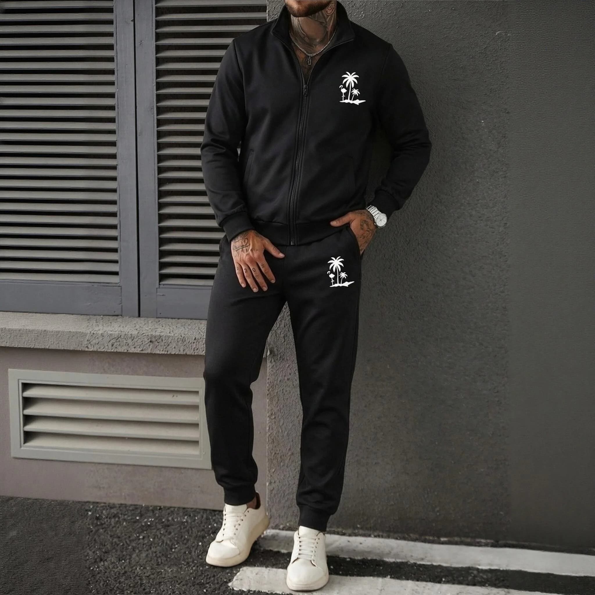 Men Palm Flamingo Print 2‑Piece Tracksuit Zip Stand Collar Jacket Jogger Pants Casual Sports Matching Set