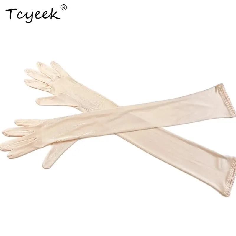 Tcyeek, Guanti eleganti in vera seta al 100%, Guanti da ciclismo da guida da donna, Guanti lunghi a cinque dita sottili e antiscottatura casual A48570QC