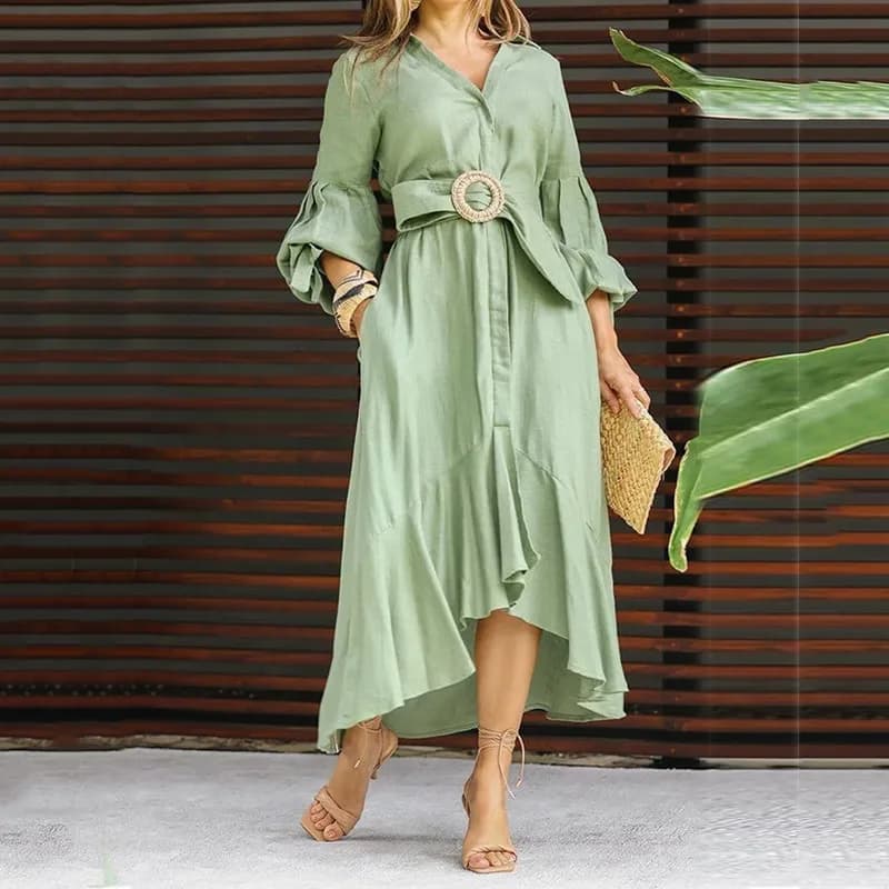 Abito Verde Formale Stile Occidentale Casual con Maniche Lunghe, Scollo a V, Tasche, Gonna Lunga a Linea A in Misto Poliestere e Cotone per Donna