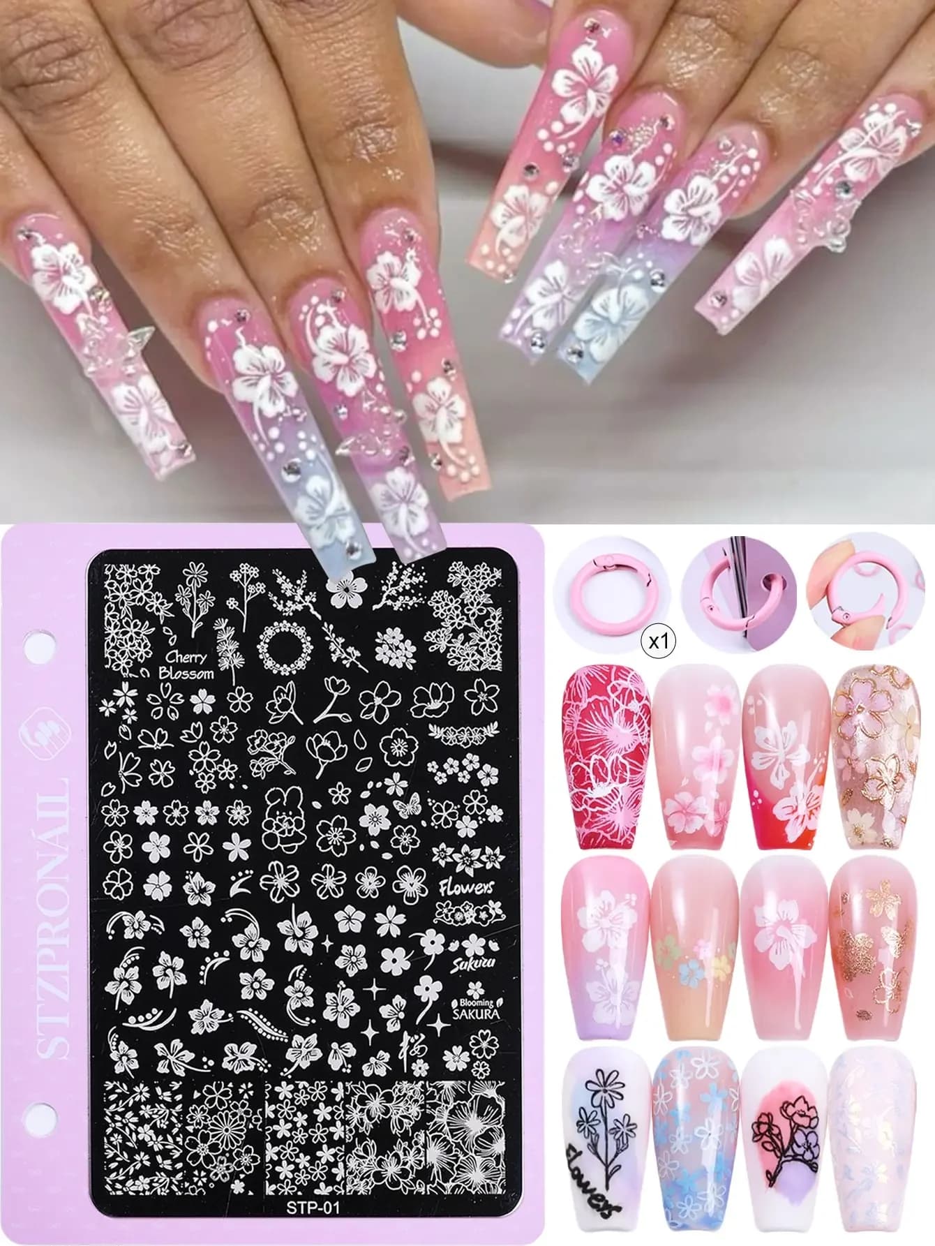 1pc Reusable Metal Floral Nail Art Stamping Template, Includes Hibiscus, Spring Cherry Blossom, Daisy Petal And Leaf Patterns, Suitable For Spring/Summer Nail Salon DIY Nail Art Decoration